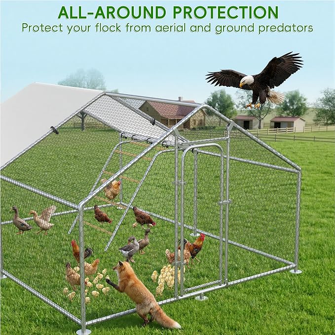 Large Metal Chicken Coop with Roosting Perch, Waterproof and UV-Resistant Cover, Outdoor Walk-in Cage Hen House for Yard Farm Rabbit Duck Chicken Run Spire Roof (10’ W x 13.2’ L x 6.4’ H)