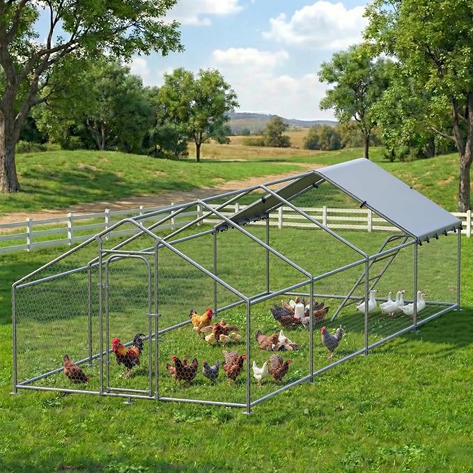 Large Metal Chicken Coop with Roosting Perch, Waterproof and UV Protection Cover, Chicken Run Outdoor Walk-in Cage Chicken Rabbit Duck Hen House for Yard Farm Use Spire Roof (10’ W x 26.2’ L x 6.4’ H)