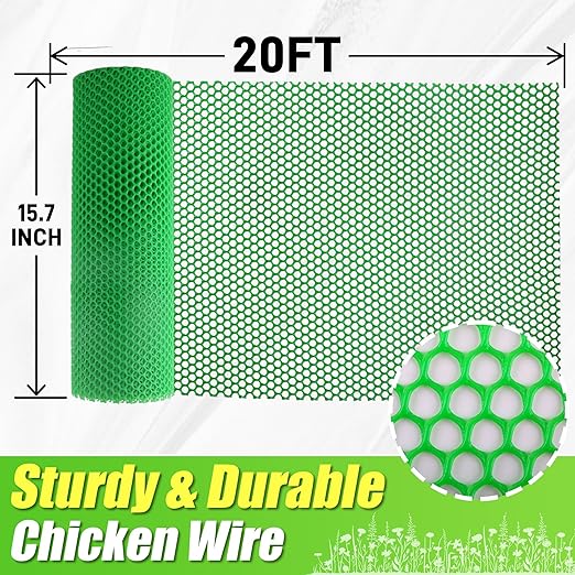 Green Plastic Wire Mesh Fence Roll - 15.7IN x 20FT Plastic Chicken Wire Mesh for Poultry， Chicken Puppy Rabbit, Floral-Plastic Fence