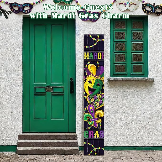47" Large Mardi Gras Porch Sign Carnival Welcome Sign Mask Wooden Tall Carnival Porch Decor Rustic Farmhouse Front Door Decor for Mardi Gras Party Holiday Outdoor Home Yard Entryway Gift