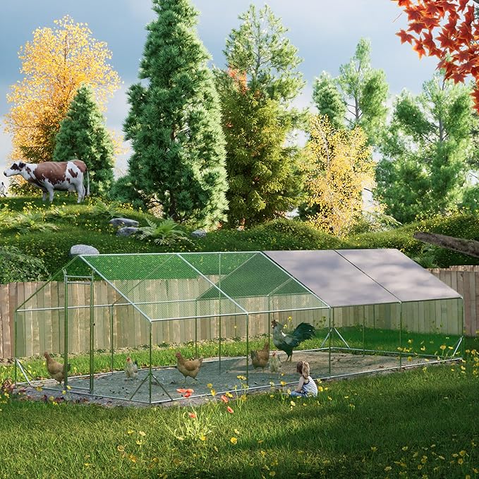 Large Chicken Coop,Metal Chicken Run for Yard with Door,Outdoor Galvanized Wire Poultry Chicken House with Waterproof and Anti-UV Cover,Duck Rabbit Cage (10' L x 26' W x 6.56' H)