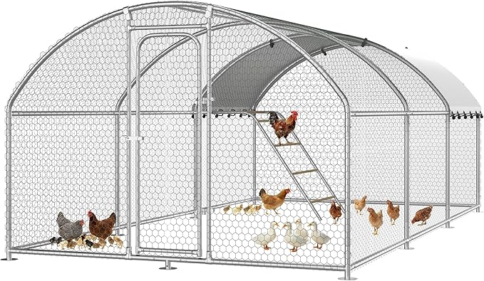 Chicken Coop with Roosting Perch, Large Metal Chicken Hen Run Poultry Cage with Water-Resident Cover for Rabbit Duck House Walk-in Chicken Pen for Yard, Dome Roof(10’ W x 19.7’ L x 6.4’ H)