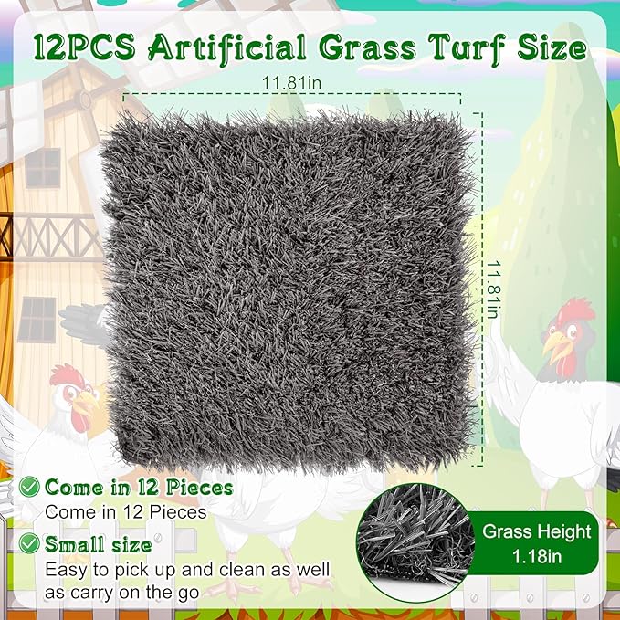 Zhengmy 12 Pcs Chickens Nesting Pads Set Nest Box Bedding Washable Nesting Pads for Chicken Coop, Artificial Grass Rug Carpet Synthetic Turf Mat, 12 x 12 x 1.2 Inches (Gray)