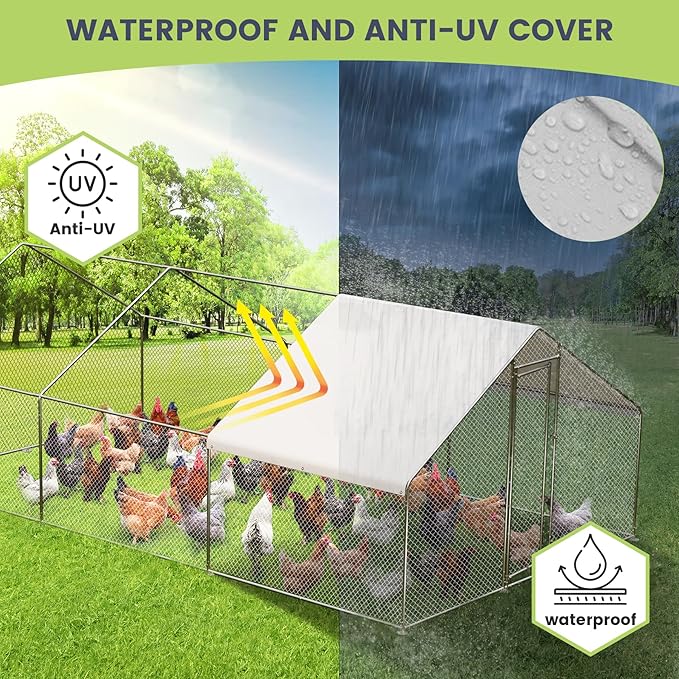 19.7 Ft Large Chicken Runs for Yard with Cover, Large Metal Chicken Coop, Spire Roof Metal Chicken Coop with Lock for Outdoor, Backyard, Farm, Duck, Rabbit