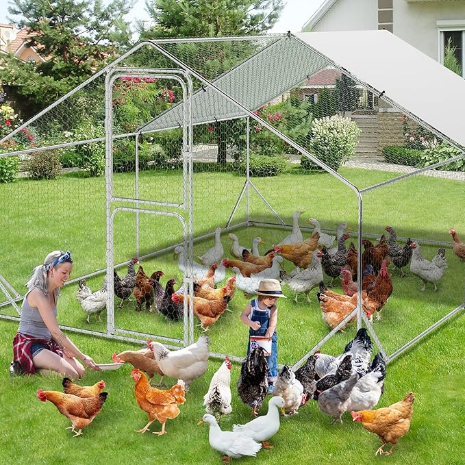 GarveeLife Large Metal Chicken Coop with Run and Cover, Walk-in Coop for Outdoor Farm Yard (13.1'L x 9.8'W x 6.6'H)