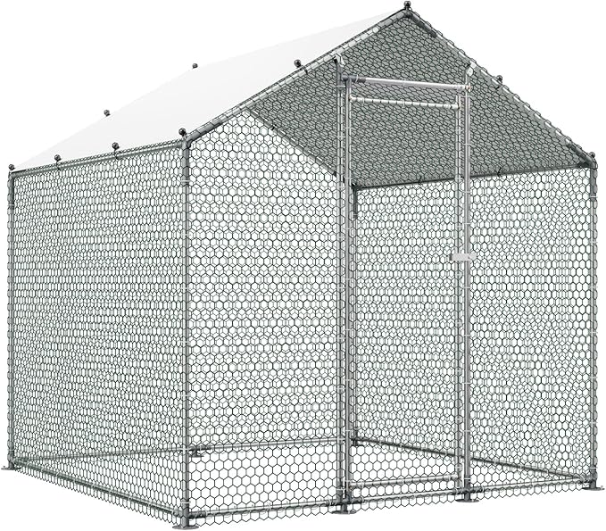 VEVOR Metal Chicken Coop, 6.56x6.56x6.56ft Large Walk-in Chicken Runs with Cover, Spire Roof Hen House Enclosure with Security Lock, Outdoor Duck Rabbit Cage Poultry Pen for Backyard, Farm, Yard