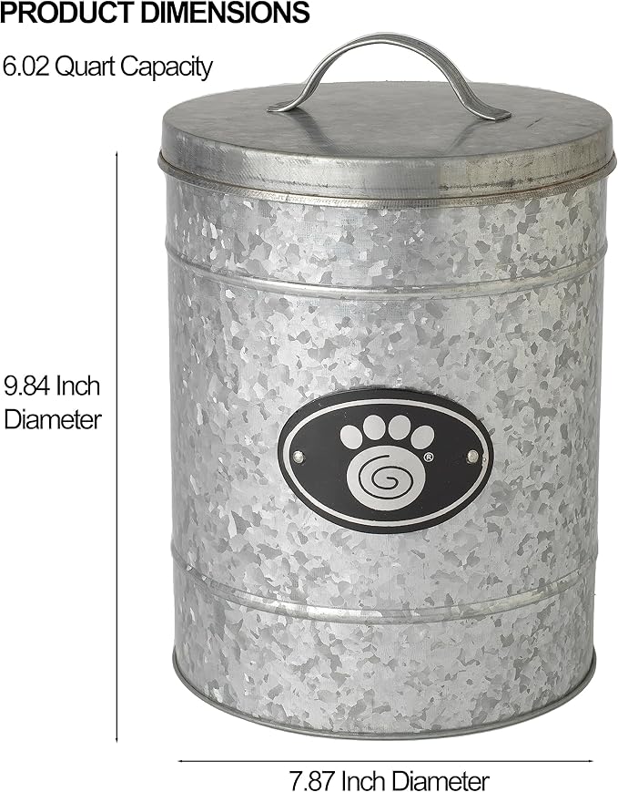 PetRageous 16079 Swirl Paw Galvanized Stainless-Steel Storage Container 6.02-Quart 7.87-Inch Diameter 9.84-Inch Tall for Dog Treats and Dog Food or Cat Treats, Metallic