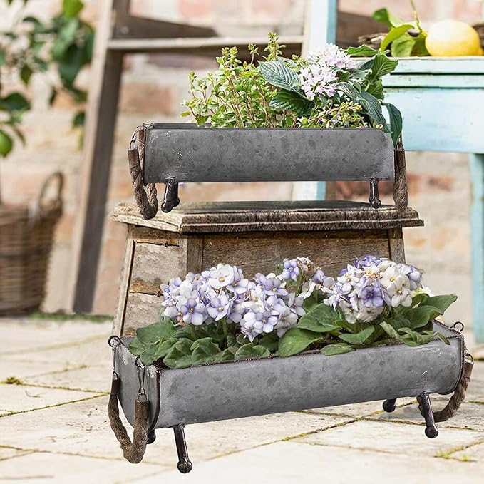 SOFE Poultry Feeder Galvanized Metal Chicken Feeder Set of 2, Farmhouse Chicken Picnic Table Feeder, Chicken Planter, Decorative Galvanized Tray Trough Shaped, 15 and 13 Inches Long