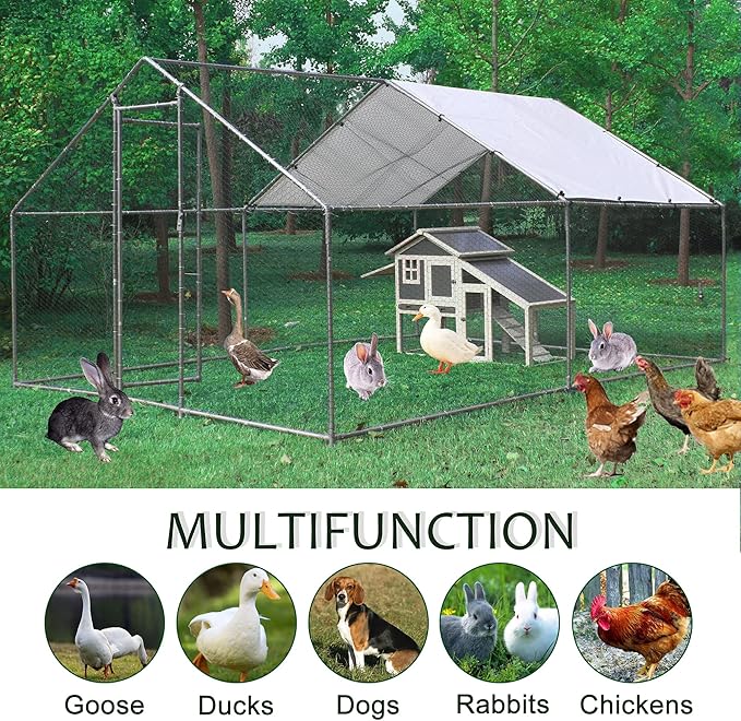 IchbinGo Large Metal Chicken Coop with Waterproof Cover, Walk-in Metal Poultry Cage Spire Shaped Chicken Coop Run, Chicken Run with Anti-UV Cover for Outdoor Backyard Farm (10' L x 13 W x 6.56' H)