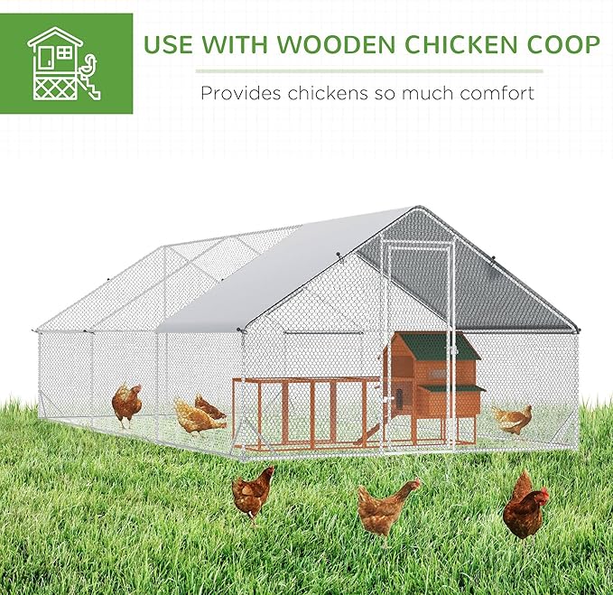 PawHut Large Chicken Coop Metal Chicken Run with Waterproof and Anti-UV Cover, Spire Shaped Walk in Fence Cage Hen House for Outdoor and Yard Farm Use, 1" Tube Diameter, 9.8' x 19.7' x 6.6'