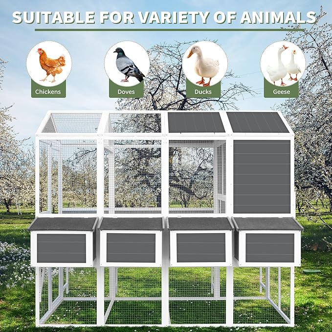 Chicken Coop with Chicken Run, Chicken Coops for 10 Chickens Outdoor with Nesting Boxes, Wooden Walk-in Chicken House with Pull Out Trays, Garden Backyard Cage