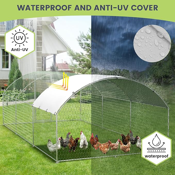 9.8'x19.7'x6.5' Large Metal Chicken Coop Walk-in Poultry Cage, Outdoor with Waterproof Anti-UV Cover & Galvanized Frame, Chicken Run for Backyard Farm, Ducks, Rabbits