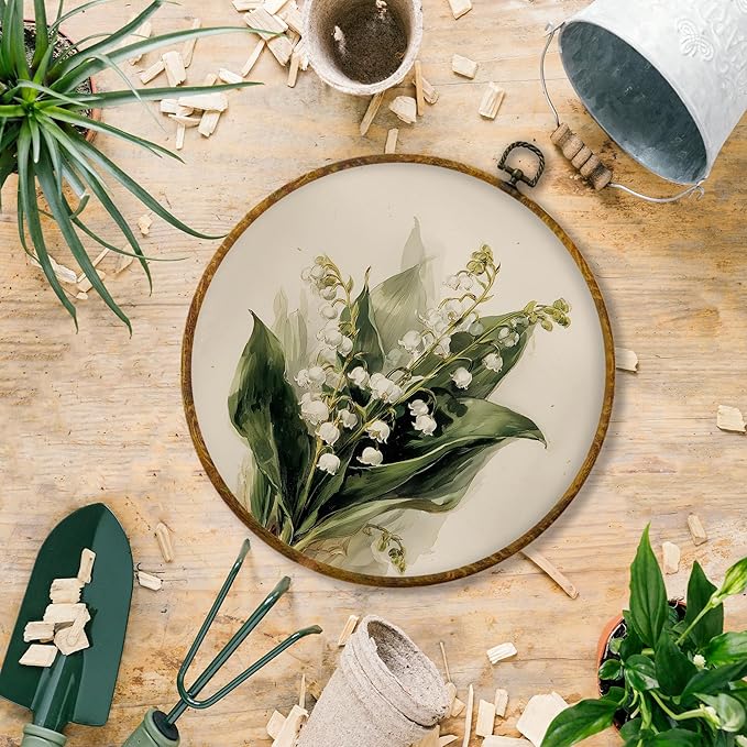 Hiuwevt Vintage Lily of the Valley Floral Round Wall Art Decor, Retro Flower Botanical Framed Canvas Prints, Floral Round Wall Hanging Decor for Home Bedroom Living Room Decorations, 10x10 Inches