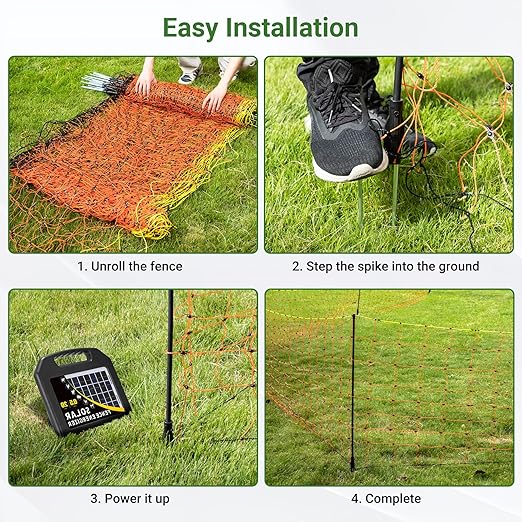 Electric Netting 35.4"H x 164'L, Electric Netting with Posts and Double-Spiked Stakes, Portable Electric Fence Netting for Backyards, Homesteads, Gardens, Farms, and Ranches