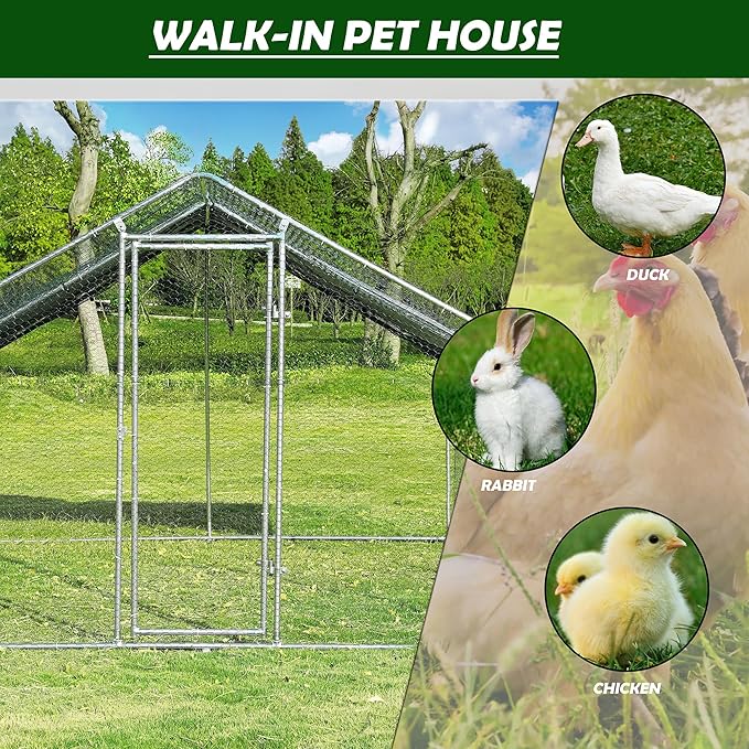 Betterhood Large Metal Chicken Coop Upgrade Tri-Supporting Wire Mesh Chicken Run,Chicken Pen with Water-Resident and Anti-UV Cover,Duck Rabbit House Outdoor(10’ W x 6.6’ L x 6.5’ H)