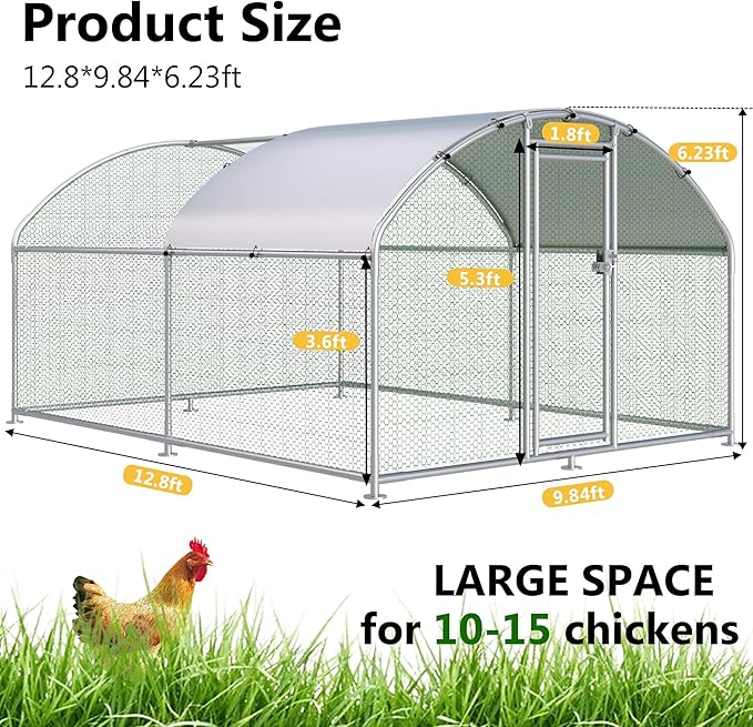 HITTITE Large Metal Chicken Coop with Run, 12.8 x 9.84 x 6.23 ft Walk in Poultry Cage Chicken Run Pen, Dome Roof Outdoor Chicken Runs for Yard with Waterproof & Anti-UV Cover