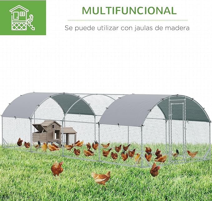 PawHut Large Chicken Coop Metal Chicken Run with Waterproof and Anti-UV Cover, Dome Shaped Walk in Fence Cage Hen House for Outdoor and Yard Farm Use, 1" Tube Diameter, 9.2' x 24.9' x 6.5'