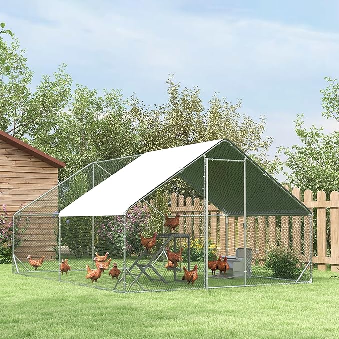 PawHut Large Chicken Coop Metal Chicken Run with Waterproof and Anti-UV Cover, Spire Shaped Walk in Fence Cage Hen House for Outdoor and Yard Farm Use, 1" Tube Diameter, 9.8' x 13.1' x 6.6'