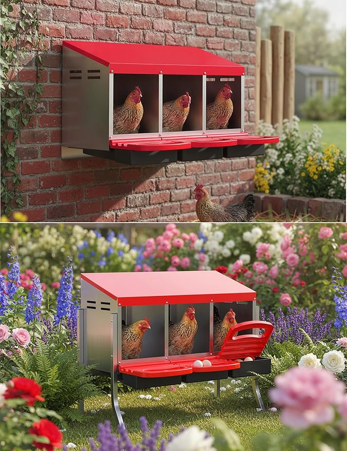 Chicken Nesting Box with Nesting Pads, Galvanized Steel Nest with Roll Away Egg Collection & Swing Perch, Easy-Clean Laying Box for Hens, Heavy Duty Design for Chicken Coop