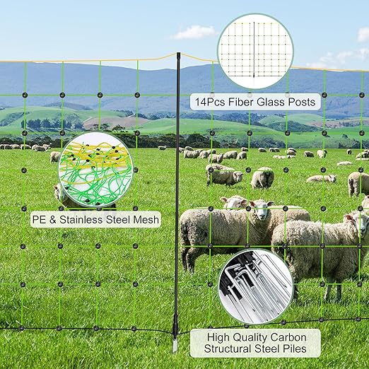 Rengue Electric Fence Netting, 42.5" x 164' Electric Netting Fence, PE Portable Electric Netting with 14 Posts Double Spiked for Goats, Sheep, Lambs in Backyards, Ranches and Farms