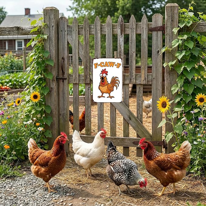 Funnysign Chicken Gifts Vintage Chicken F-CAW-F Tin Sign for Chicken-Coop Farm Kitchen Garden Yard Decor 8x12 inch (3918)