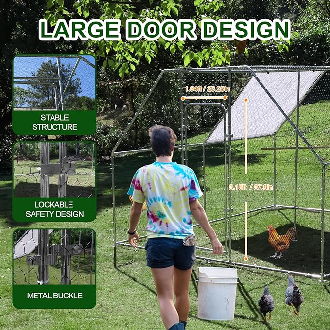 Large Metal Chicken Coop 9.8 x 9.8 x 6.6 ft Walk in Chicken Runs for Yard with Cover & Perch, Chicken House for Duck Rabbit, Chicken Pen for Outdoor Backyard