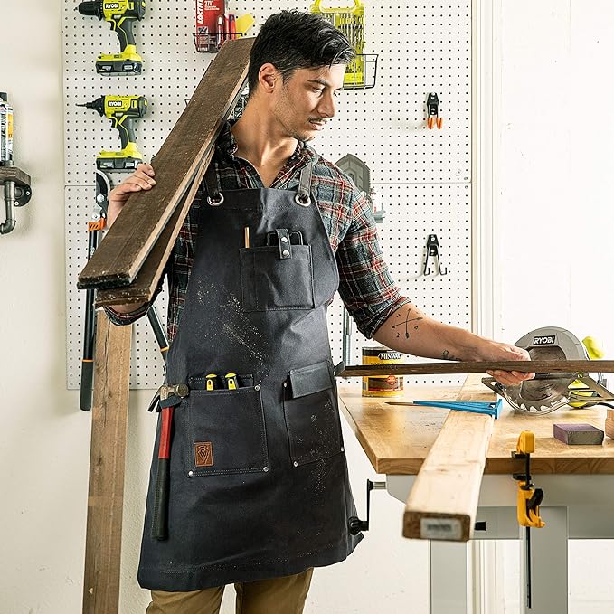 Texas Canvas Wares Waxed Canvas Heavy Duty Work Apron With Pockets - Deluxe Edition - with Quick Release Buckle Adjustable up to XXL for Men and Women (Grey Deluxe Edition)