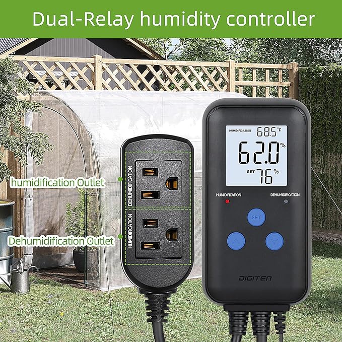 DIGITEN Humidity Controller Pre-Wired Digital Humidistat with Temperature Display, Dual-Stage Outlet Humidifier /Dehumidifier for Mushroom,Reptile, Greenhouse, Fan, Grow Tent
