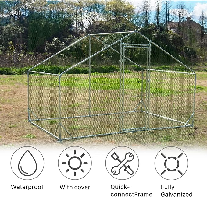 Large Metal Chicken Coop Walk-in Poultry Cage Hen Run House Habitat Spire Shaped Cage with Waterproof and Anti-Ultraviolet Cover for Outdoor Backyard Farm Use (6.5’ L × 9.84’ W)