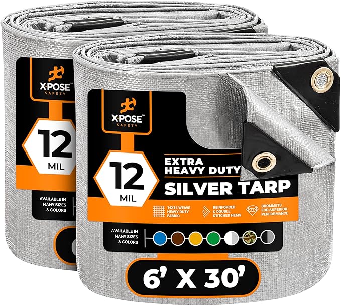 Heavy Duty Silver Poly Tarp 6' X 30' (2-Pack) - Multipurpose Protective Cover - Durable, Waterproof, Weather Proof, Rip and Tear Resistant - Extra Thick 12 Mil Polyethylene - by Xpose Safety