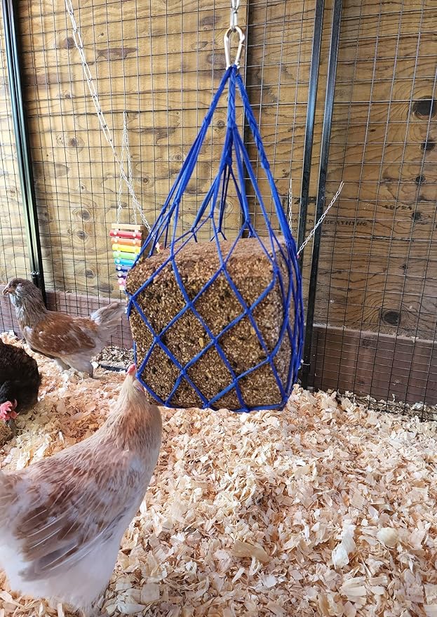 Muzzys Blue Chicken Coop Flock Block Bird Seed Hanging Bag Veggie Treat Holder - Poultry Feeder Toy Accessories Cabbage Bowl Sack - Holds 25 lb Pound Bird Seed Blocks, Poultry Run Wildlife Feeder