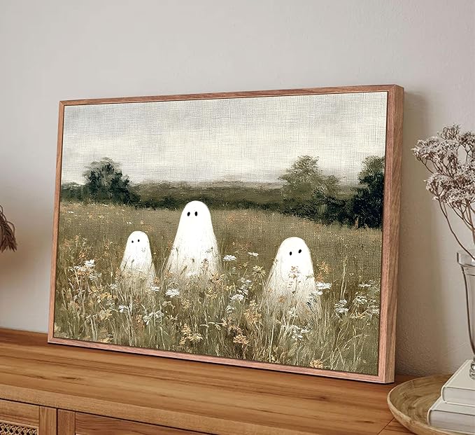 Framed Halloween Canvas Wall Art Wildflowers Meadow Ghost Poster Print Cute Ghost Picture Autumn Vintage Aesthetic Wall Decor for Bedroom Living Room 12x16in