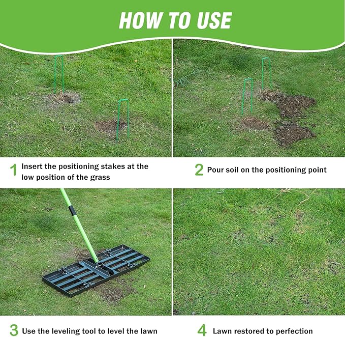 Lawn Leveling Rake 30x10 inch,Stainless Steel Lawn Leveler with Green Positioning Stakes,78" Adjustable Long Handle,Heavy Duty Level Lawn Tool for Backyard, Garden, Golf Course, Farm, Pasture