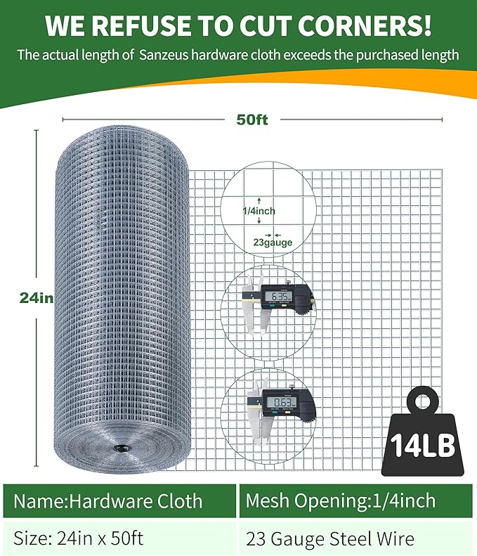 Hardware Cloth,1/4inch 24inx50ft 23 Gauge,Double-Layer Hot-Dip Galvanizing After Welding,Chicken Wire Netting Garden Wire Fencing Rabbit Snake Fence Chicken Coop Plant Supports