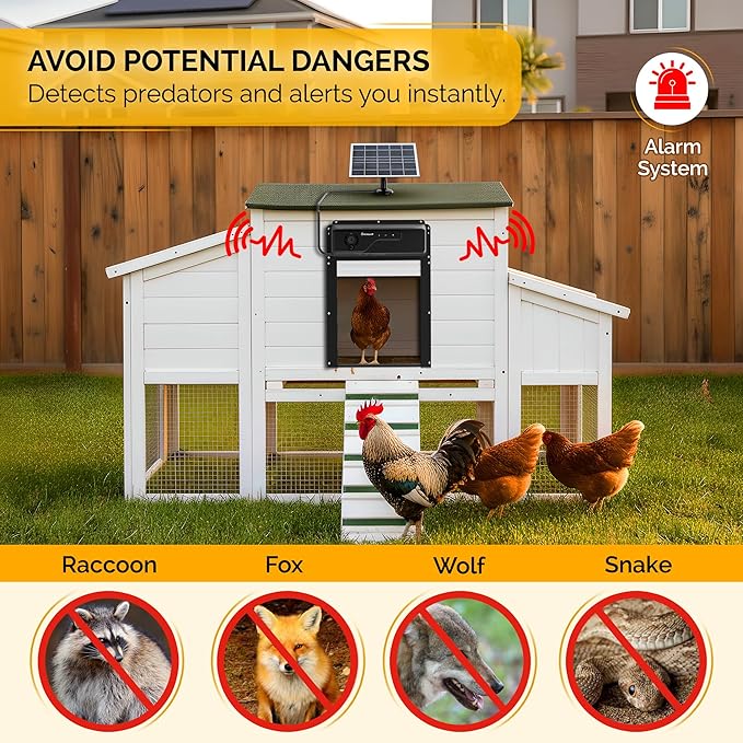 Automatic Chicken Coop Door Solar Powered with Nesting Pad - Waterproof Chicken Door with Timer, HD Camera, Anti-Pinch Protection, Mobile App & Remote Control, Alarm System, Mic & Speaker
