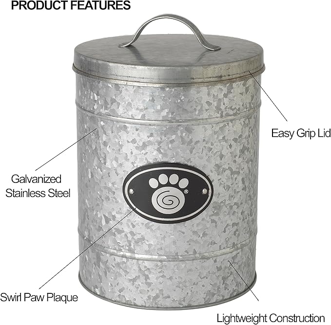 PetRageous 16079 Swirl Paw Galvanized Stainless-Steel Storage Container 6.02-Quart 7.87-Inch Diameter 9.84-Inch Tall for Dog Treats and Dog Food or Cat Treats, Metallic