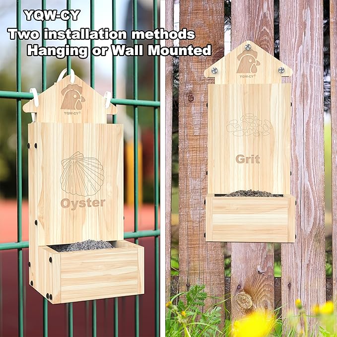 2Pack Chicken Oyster Shell and Grit Feeder, Wooden Chicken Feeder Combo, Hanging Gravity Chicken Grit Feeder, Coop Accessories for Healthier Hens Chick and Eggs