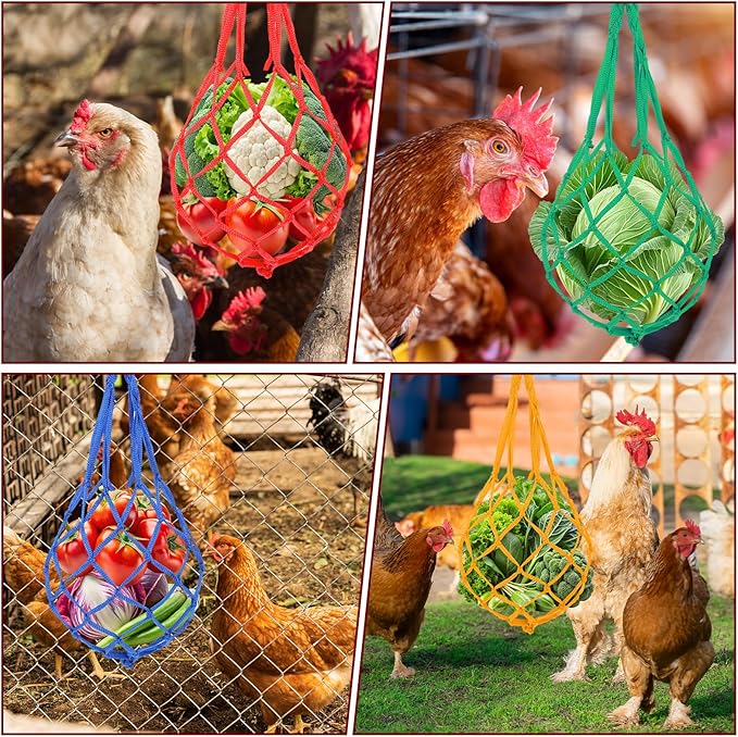 4Pcs Hanging Chicken Net Feeder, Chicken Treat Dispenser, Chicken-Treat Nets for Poultry, Hens, Duck (Green, Yellow, Red, Blue)