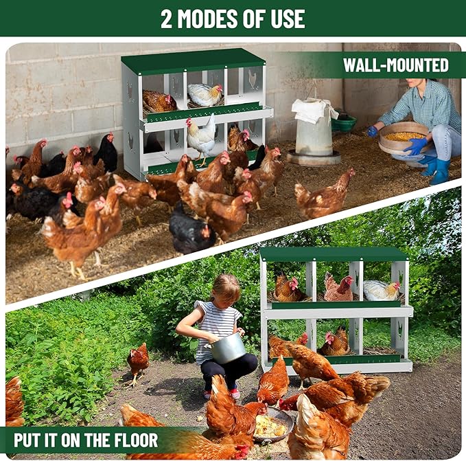 GarveeLife Nesting Boxes for Chickens, 6 Compartment Chicken Nesting Box, Metal Chicken Laying Boxes with Perch, Secure Lid, Versatile Wall Mount or Free Standing for Hens, Green