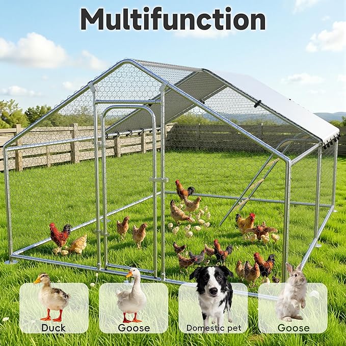 Large Metal Chicken Coop with Waterproof and UV-Resistant Cover,Chicken Run Outdoor Walk-in Cage Rabbit Duck Hen House for Yard Farm,Spire Roof (10' L x 13.2' W x 6.4' H)