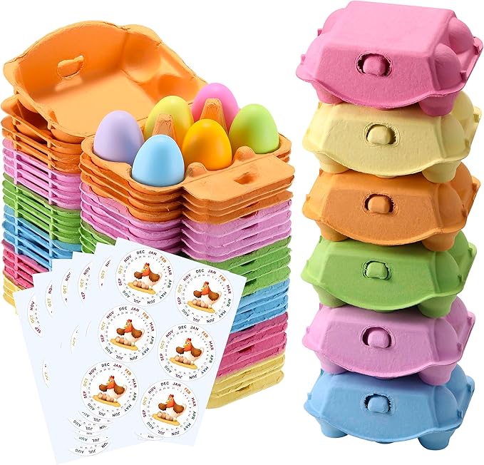 60 Pcs Egg Cartons Half Dozen, Colorful Paper Pulp Cute Egg Basket Storage Container Holder, Easter Valentine Lover Gift Chicken Eggs Crate with Labels, Hold Up to 6 Huevos with label stickers