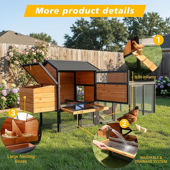 Chicken Coop with Run,Large Outdoor Chicken House with Nesting Box for 2-6 Chickens,Outdoor Wooden Hen House Poultry Pet Hutch Run Cage (Brown+Black)