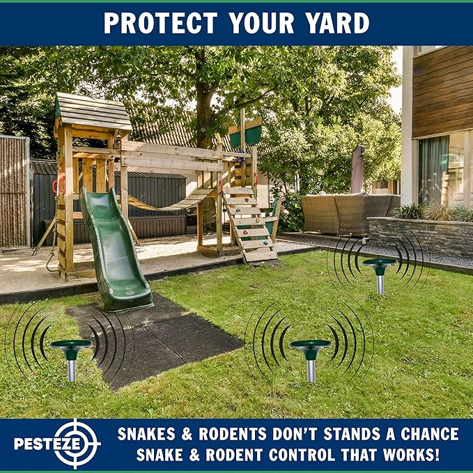 PESTEZE Solar Snake & Rodent Sound Deterrent. Auditable Sound Deters Snakes & Burrowing Rodents Like Moles, Voles Gophers, Chipmunks, Groundhogs & Woodchucks from Destroying Gardens & Vegetables