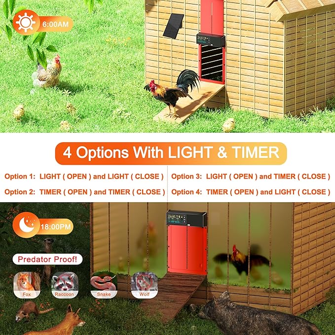 Chicken Coop Door Solar Powered with Programmable Remote Control, Automatic Aluminum Chicken Door 4 Modes with Color LCD Display