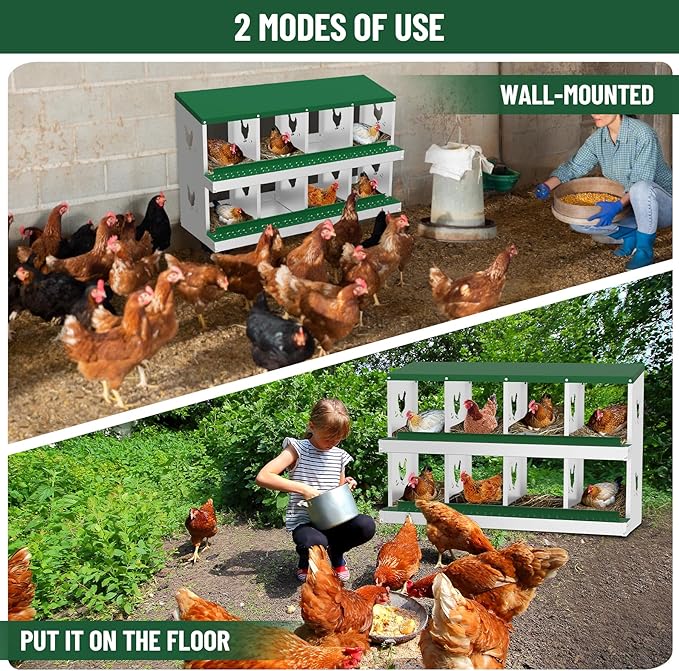 Chicken Nesting Boxes, 8 Compartments Nesting Boxes, Metal Chicken Laying Box with Roll Out Egg Collection with Vented Holes for Hens, Green