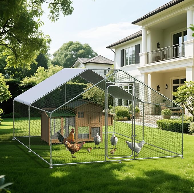 Metal Chicken Coop with Cover for Yard Large Walk-in Chicken Runs for 20 Chickens with Galvanized Steel Frame for Outdoor Heavy Duty Spire Roof Poultry Cage for Hen Duck Rabbits Goose Puppy