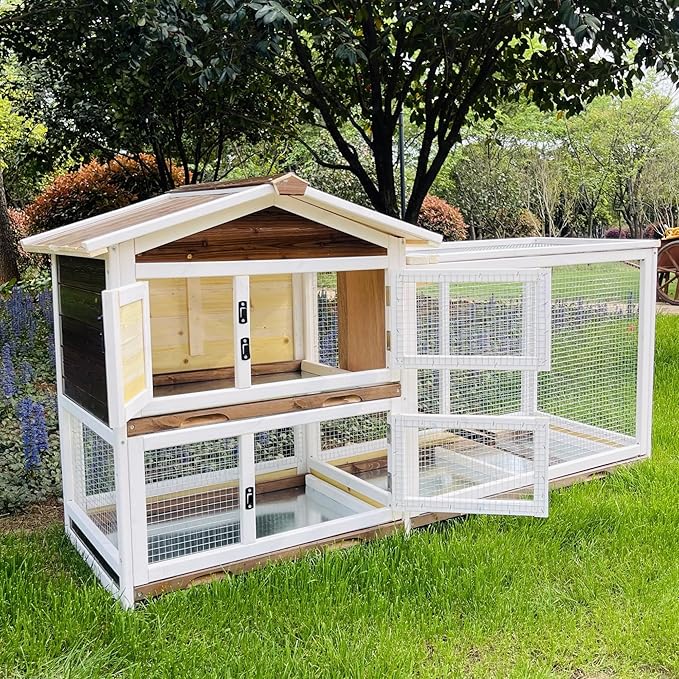 Rabbit Hutch Indoor Bunny Cage Outdoor Rabbit Cage 2 Tier Wooden Guinea Pig Cage with Runway and 3 Pull Out Trays, 4 Opening and Closing Doors