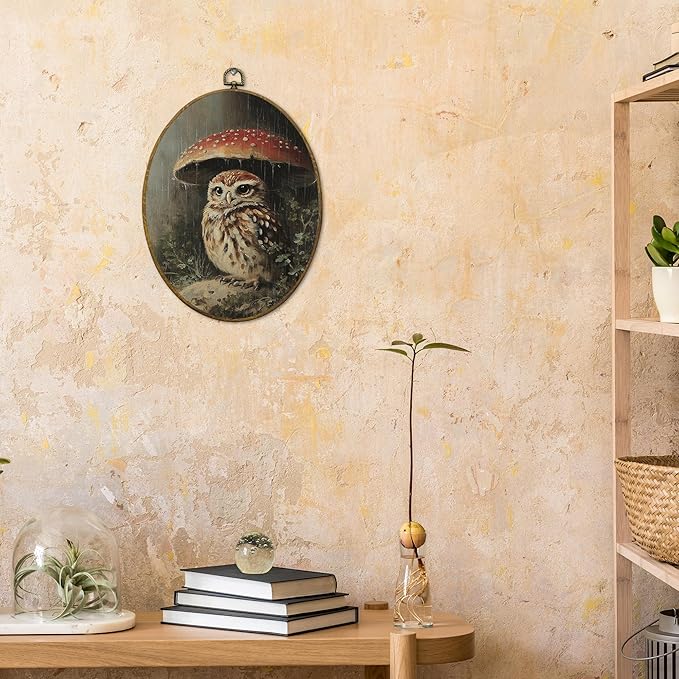 CUANFDDSF Owl Mushroom Nature Aesthetic Oval Wall Art Decor, Rustic Cottagecore Woodland Nursery Wall Hanging Decor, Dark Academia Wild Animal Framed Canvas Prints for Gallery Bedroom, 8.6x11.4 Inch