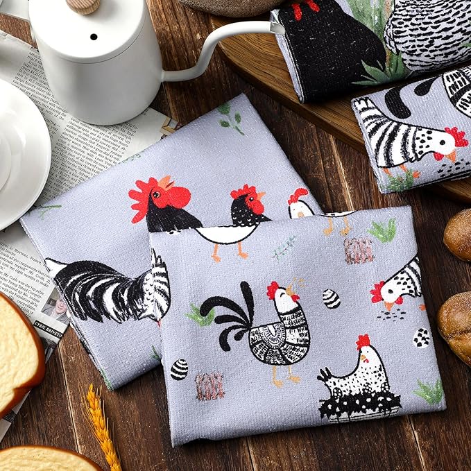 Geyoga 4 Pcs Chicken Kitchen Towels Rooster Dish Hand Towels Farm Animal Cow Vintage Rustic Tea Cloth for Spring Easter Bathroom Farmhouse Decor Gifts, 16 x 24 Inch(Fresh Color,Rooster)