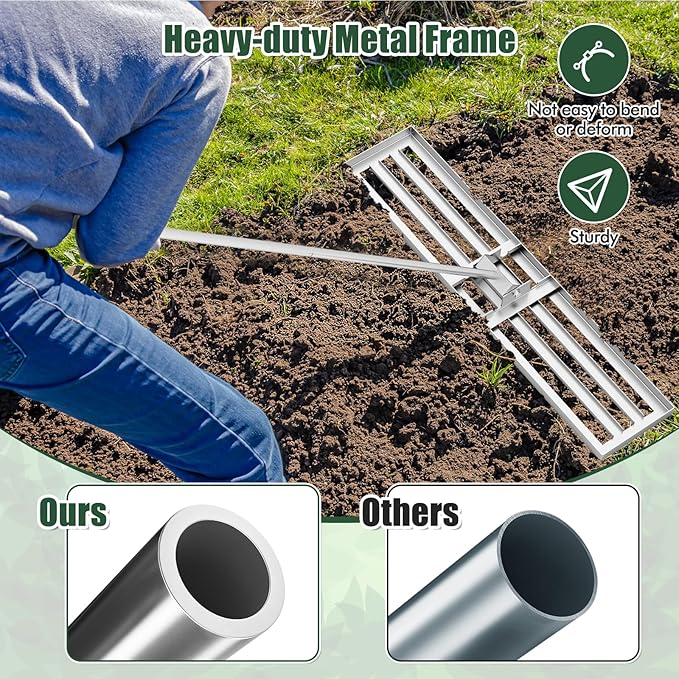 Happygrill Lawn Leveling Rake, Heavy Duty Lawn Level Tool for Soil w/67” Handle, Dirt Ground Leveler, Effort-Saving Landscape Rake for Garden, Backyard, Golf Course, Farm, Pasture (46" x 10", Silver)